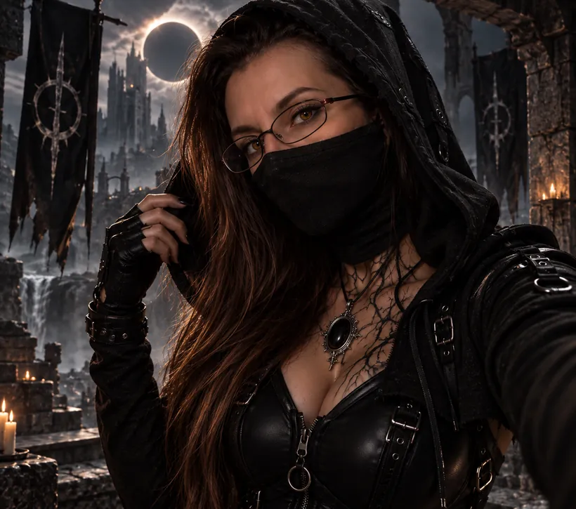 Nemoria Blackthrone in a black hood and mask, with golden eyes